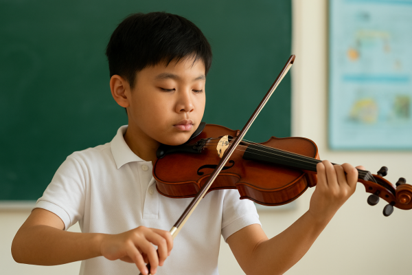 Giây phút một học sinh say mê với nhạc cụ – biểu hiện cho sự kết nối tinh tế giữa âm nhạc và tâm hồn